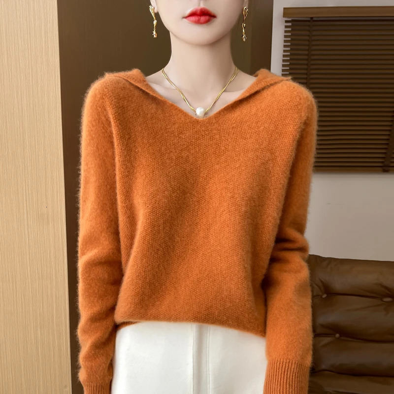 Osmanso needle Autumn and winter 100% Merino wool hoodie cashmere sweater womens Vneck warm bottom knit shirt top 241021