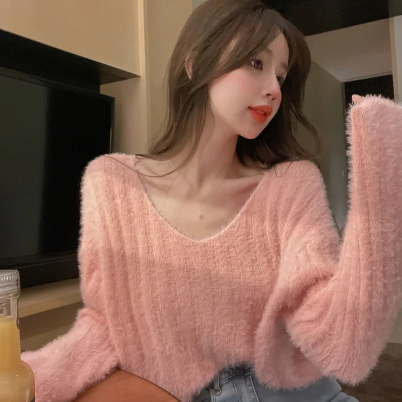 Winter Women Pullovers Loose Fit Knitted Sweater Base Layer Shirt Long Sleeves V Neck Solid Color Warm Tops Lady Casual Jumpers 241024