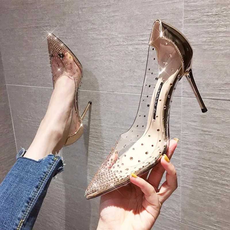 High Quality Wedding Shoes Womens High Boots Luxury Rhine Womens Pump Horn Toe Thin Boots Womens Transparent Crystal Dress Shoes T241024