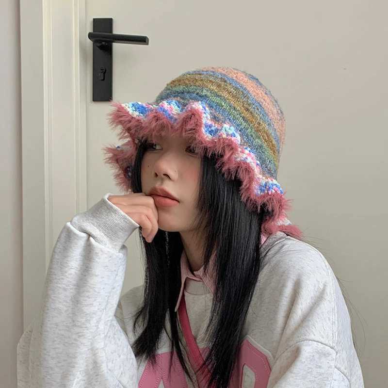 Winter Woolen Cap Rainbow Striped Warm Knitted Hat For Women Ruffle Warm Ski Caps Fashion Elastic Fisherman HatsX241025
