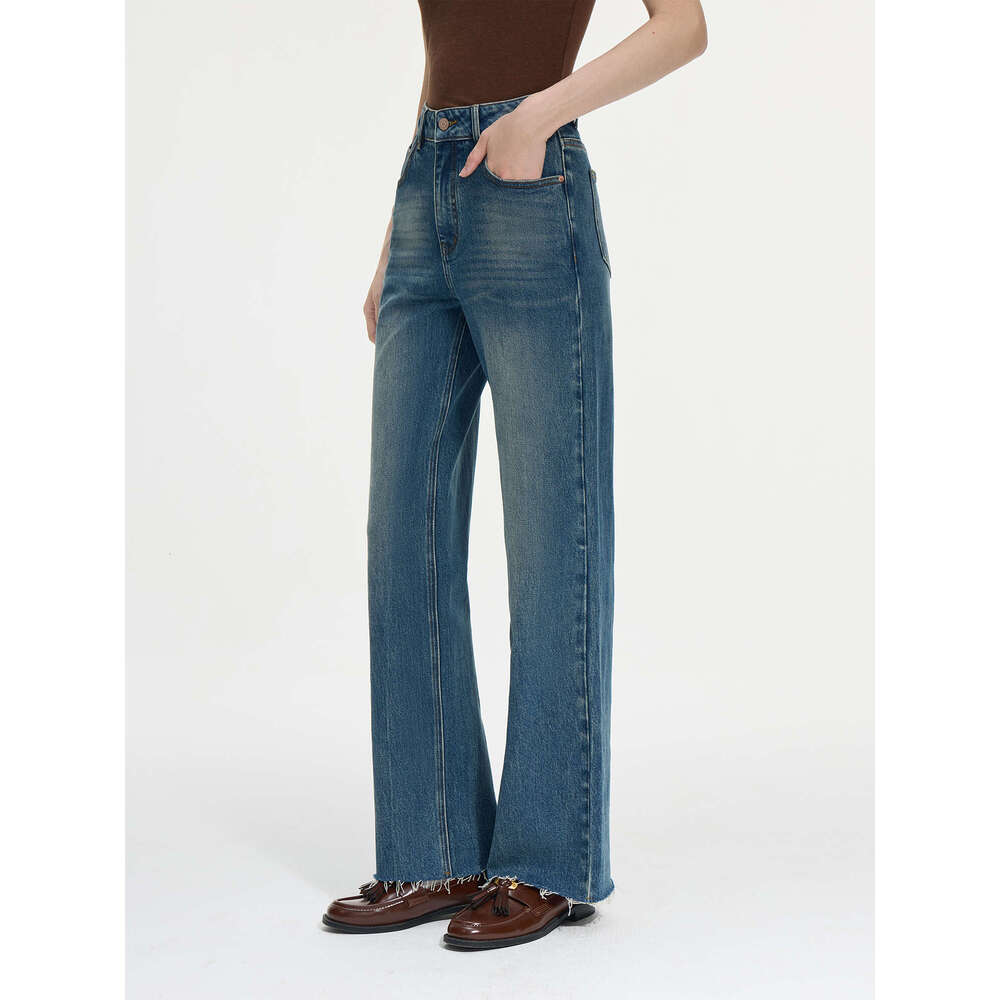 FSLE Office Lady Retro Fringed Mid Rise Straight Leg Mop Jeans 2024 Winter New Versatile Women Casual Loose Pants 24Fs14298