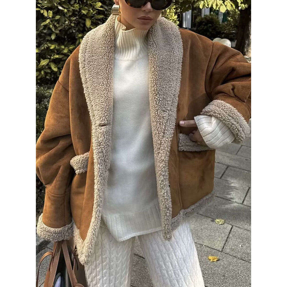 Woman Vintage Jacket Fleece Pocket Casual Long Sleeve Coat 2024 Ladies Autumn Warm Thicken High Street Elegant Outwear Chic