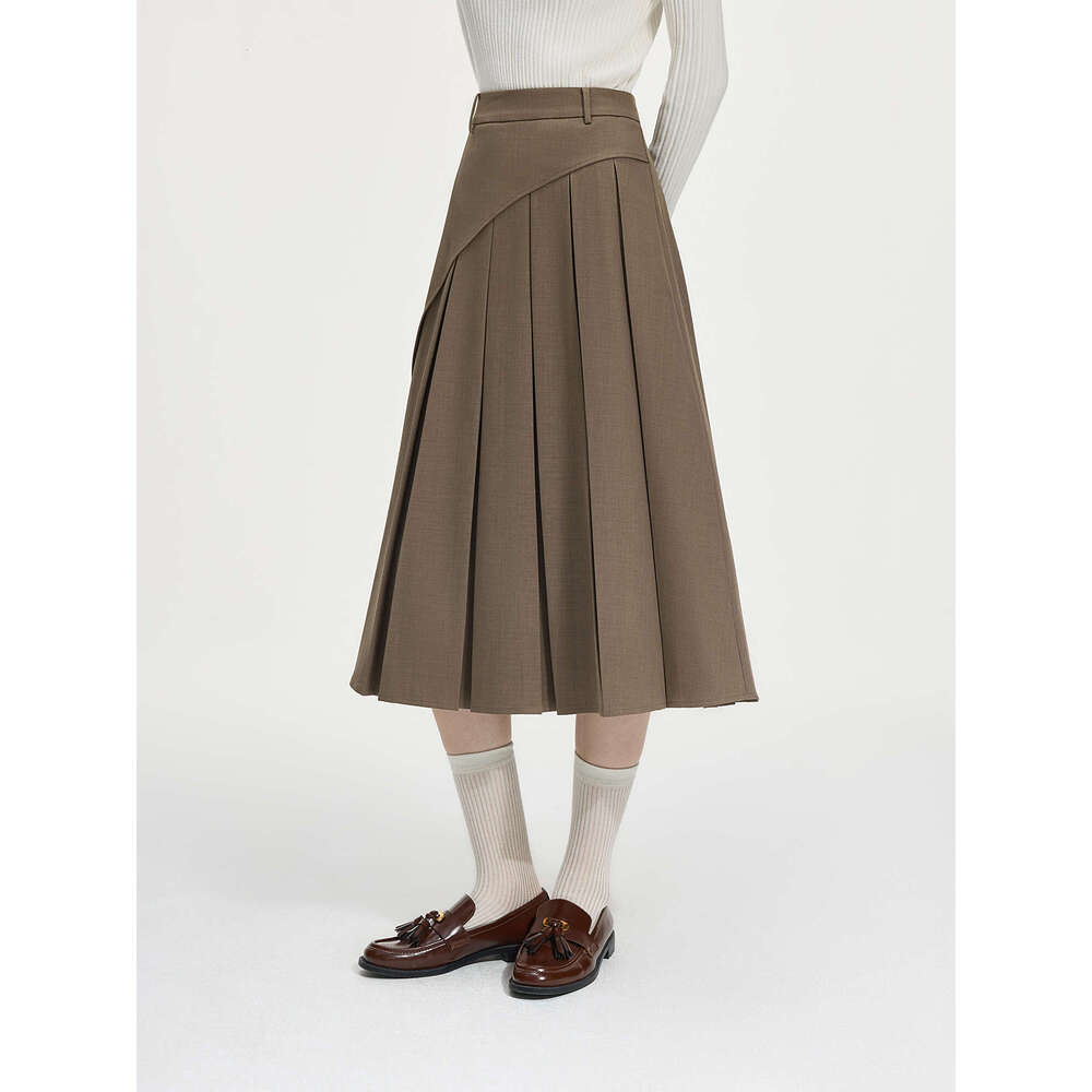 FSLE Women Skirts Asymmetric Design Female Brown Pleated A-E Winter Thicken Long Twill Skirt 24Fs14622