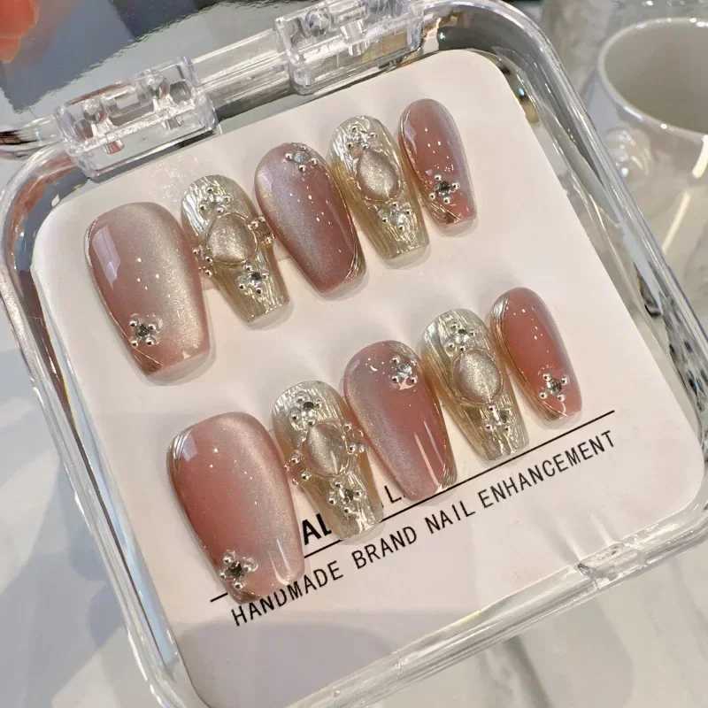 10pc wine red cat eye metal magic mirror designs artificial fake nails press on ballet full cover handmade false nails with glueXJ241025