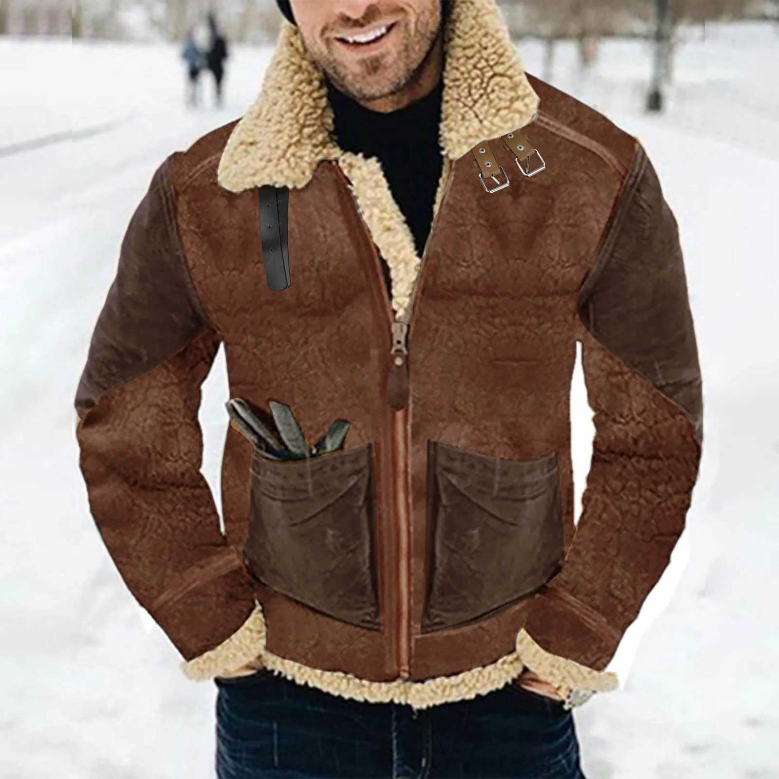 Mens thick suede jacket with warm lambswoo lining synthetic leather denim Gothic jacket bomber jacket winter hot coat new W241024