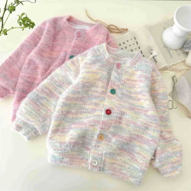 Autumn and Winter Plush Warm Childrens Rainbow Sweater Jacket Fashion Edition Girls Sweater Jacket Cute Girls Top W241025