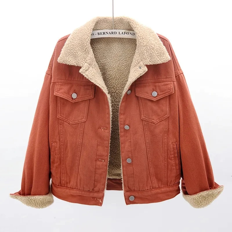 Winter Lamb Wool Thicken Denim Jacket Women Loose Oversized Casual Warm Jeans Coats Wear Long Sleeves Female Clothes Outerwear 241025