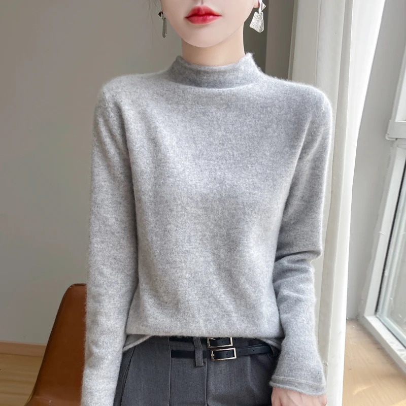 100% Wool Knitted Sweater Women Half High Collar Long Sleeve Tops Autumn Winter Korean Fashion Casual Loose Warm Female Pullover 241021