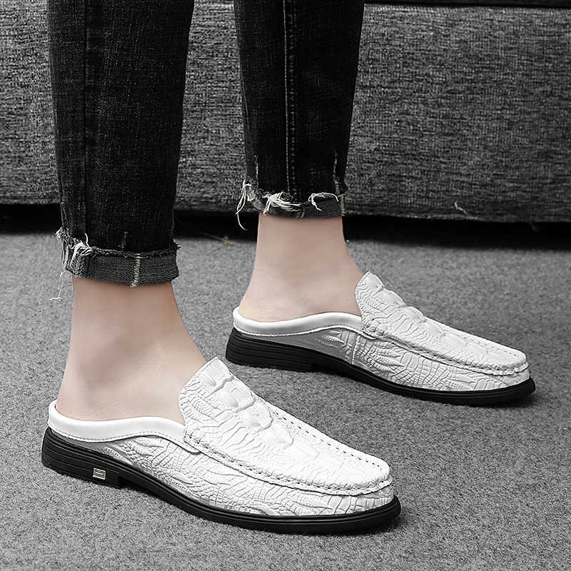 Men Dress Shoes Mens Summer Fashionable Breathable Half Dragged Casual Shoes Mens Korean Edition Crocodile Pattern Casual Leather Shoes 241009