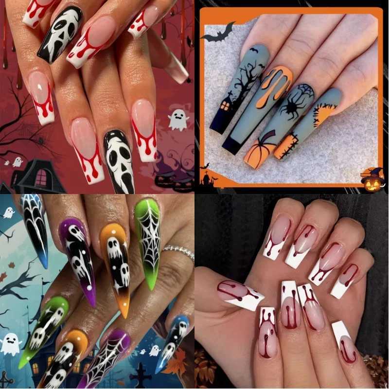 24Pcs Halloween Fake Nails Extra Long Almond False Nails with Spider Web Design Press on Nails Full Nail Tips XJ241025