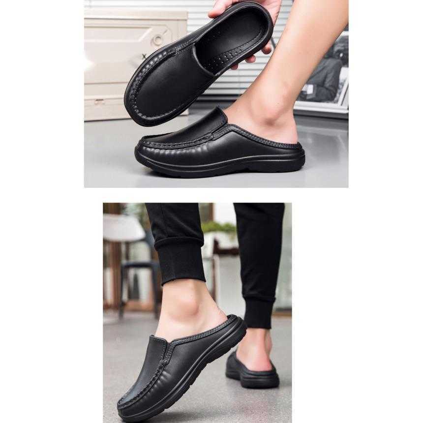 Men Dress Shoes Mens Half Slippers Summer New Style Leather Shoes Lazy Shoes One Foot Sandals Mens Driving Thick Bottom Casual Small Casual Shoes 2410