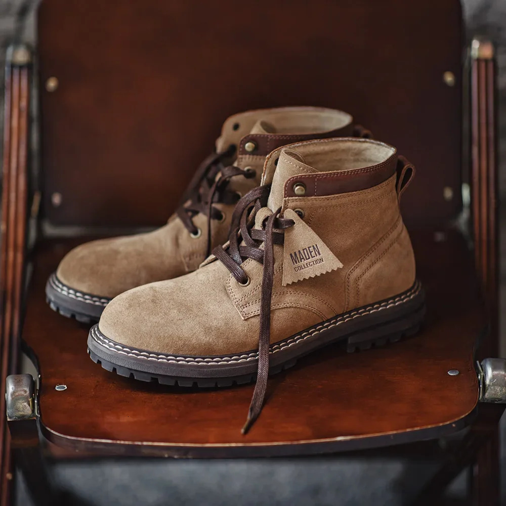 Maden autumn and winter mens mid top work boots round foot flat shoes retro outdoor shoes wear-resistant rubber soles 241024