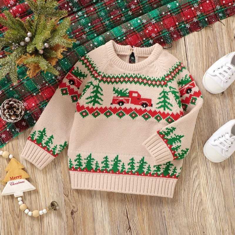 Baby Boy Christmas Sweater Long Sleeve Round Neck Truck Printed Knitted Floral Baby Parachute Top Childrens Winter Warm Clothes W241025