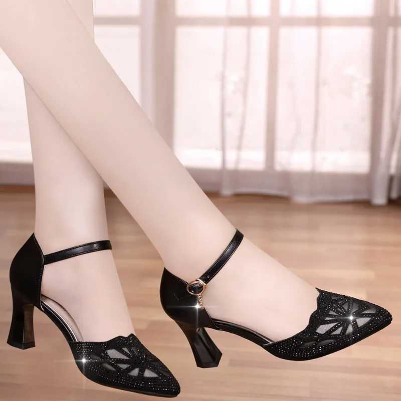 High Quality Womens Pointed Toe High Heel Sandals Summer Shiny Rhine Shoulder Strap High Heel Shoes Womens Office Womens Pump T241024