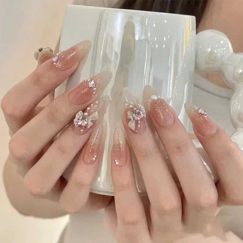 24Pcs Pink Almond French Press on Nails With Bow Pearl Design Fake Nails Ballerina False Nails Full Cover Nail Tips with glueXJ241025