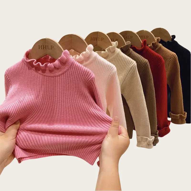 Childrens Sweater Bottom Top 1-6Y 2024 Autumn Solid High Elasticity Girls Knitted Floral Childrens Turtle Neck Sparkling Girls Sweater W241025
