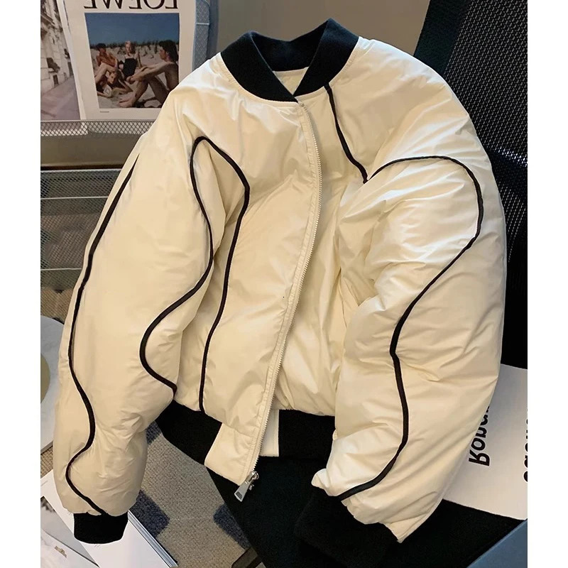 Winter Patchwork Full Zip Puffer Parka Oversize Stand Up Collar Down Cotton Bomber Jacket for Women Warm And Thick Puffy 241021