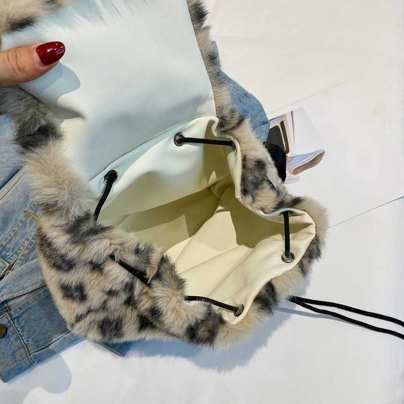 CMM plush backpack imitating rabbit fur backpack student commuting fashion, large capacity drawstring leopard print plush bag 241015