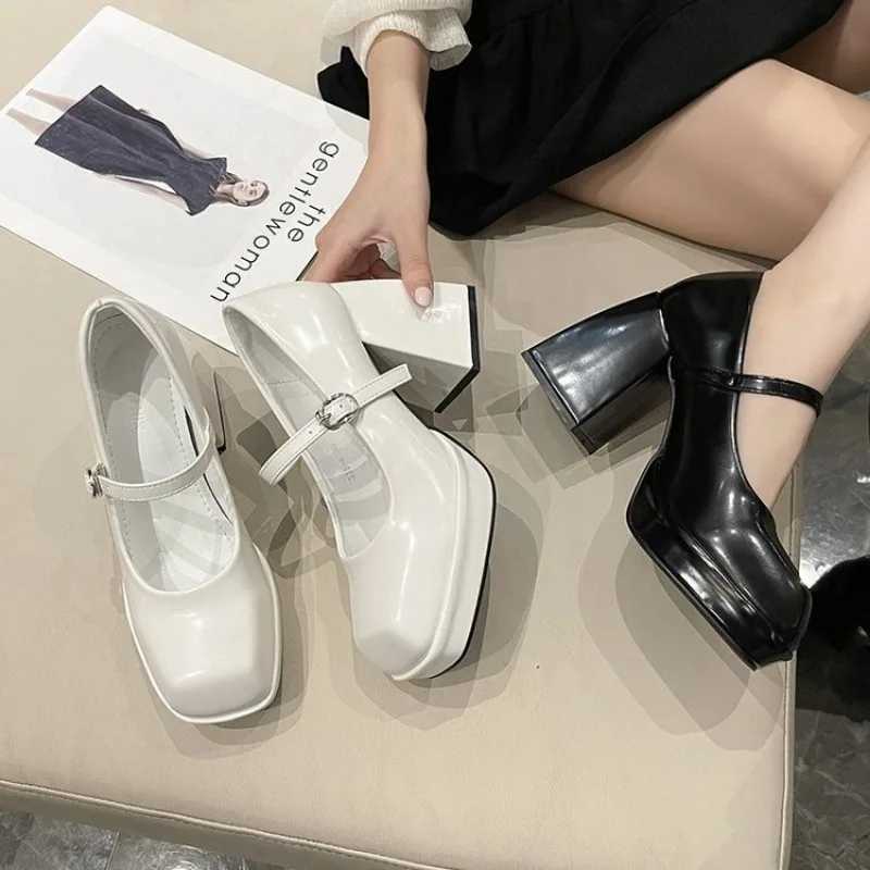 High Quality New design Square toe Universal Buckled leather shoes Mary Jane Womens White Shoes Block heeled high heels for teenagers T241024