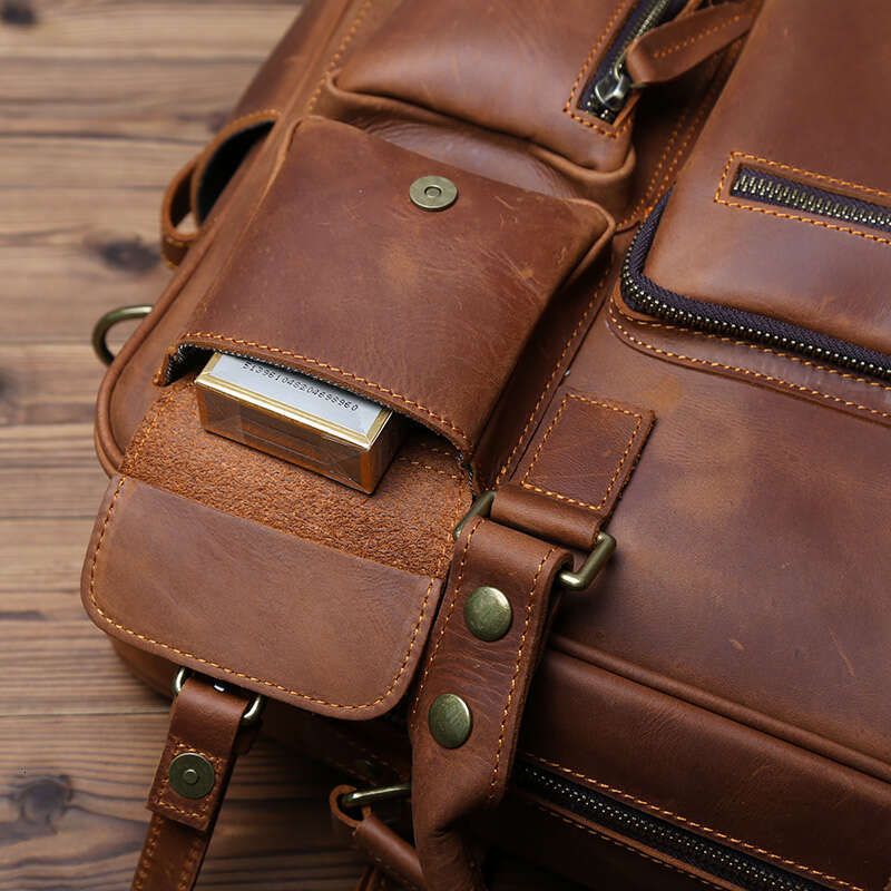 Retro Men's Handbag Top Layer Cowhide Briefcase Large Capacity Travel Crazy Horse Leather Laptop Shoulder Bag NZPJ