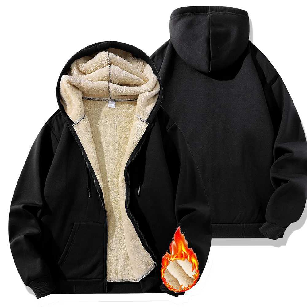 Winter warm zipper hooded sweatshirt Lambswool solid color sports casual jacket outerwear mens loose hot sweater W241024