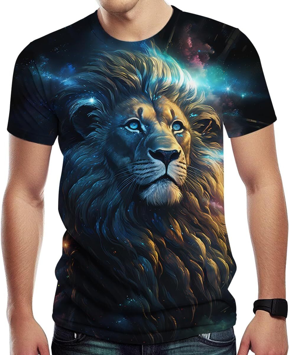 Mens T shirt Retro Casual Tropical Starry Sky Lion Floral Print Short Puff Sleeve Shirt tee Casual tops summer clothes