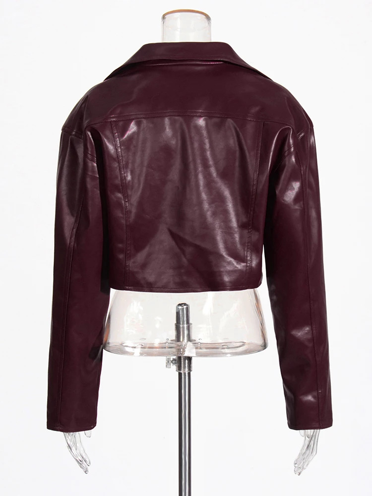 TWOTWINSTYLE Solid Patch Work Bag Womens Leather Chic Coat Collar Long Sleeve Splicing Button Short Jacket Womens Fashion 241025
