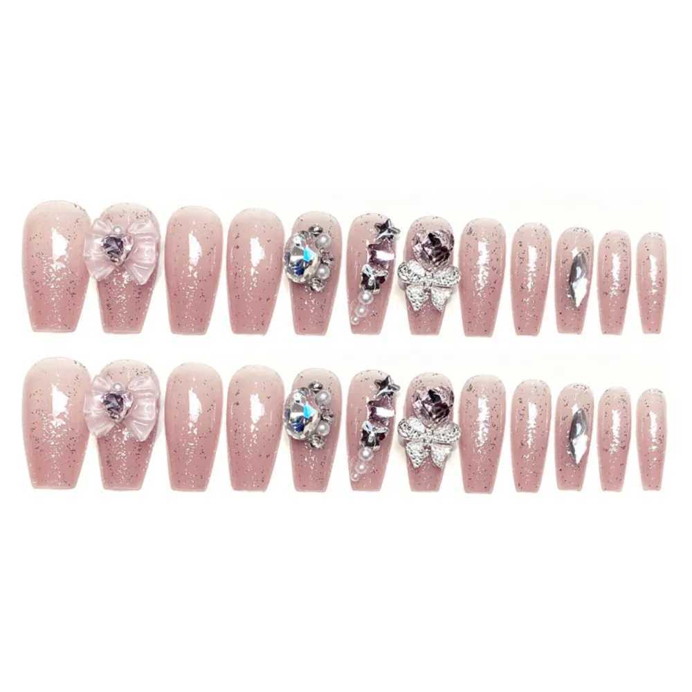 24Pcs Acrylic Handmade Press on Nails Medium Ballerina Fake Nails with Butterfly Rhinestone Wedding False Nails Party for GirlsXJ241025