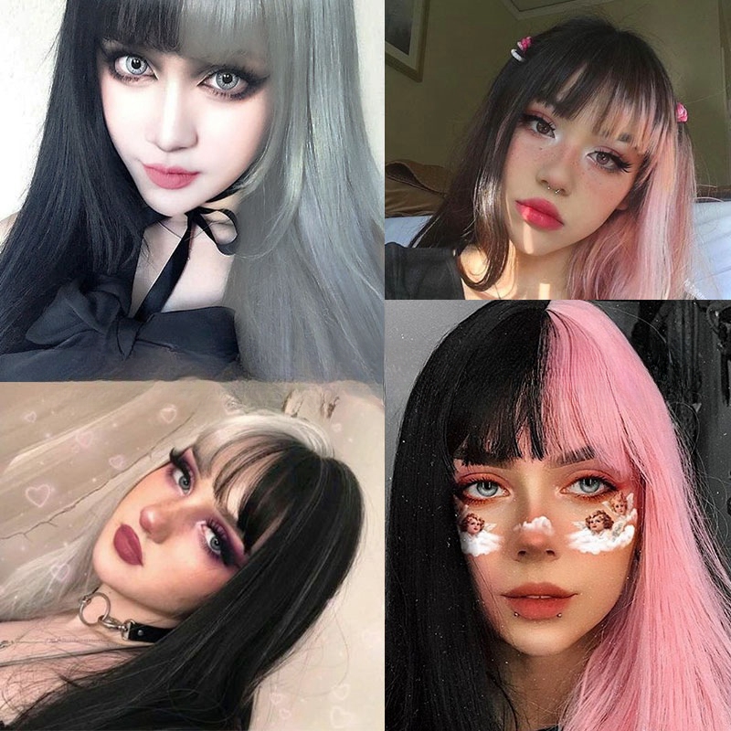 Cosplay fashion wig female black and pink double color head bangs long straight hair chemical fiber headpiece