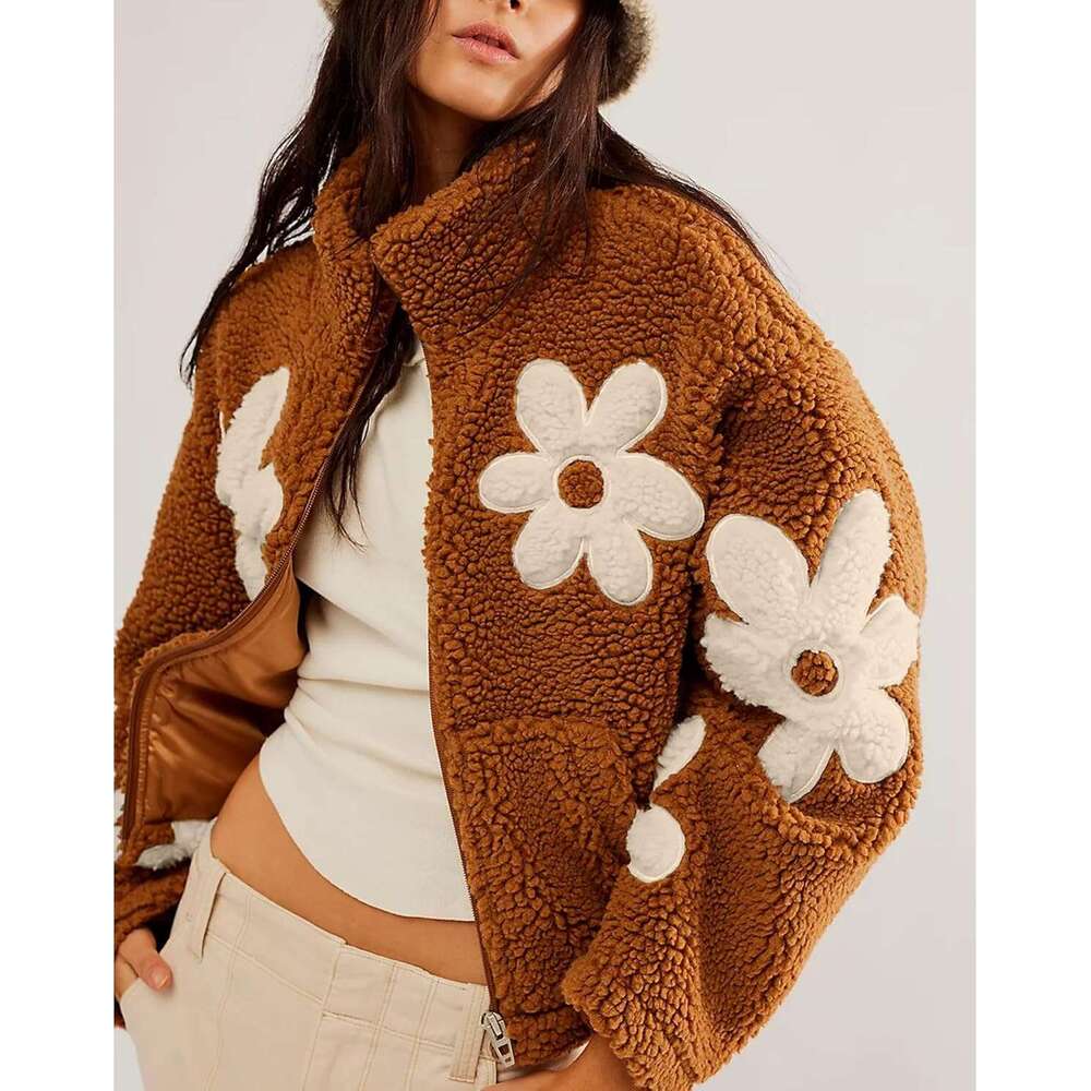 Womens Ral Print Sherpa Fleece Jackets Winter Zipper Cropped Coat Casual Long Sleeve Outwear With Pockets