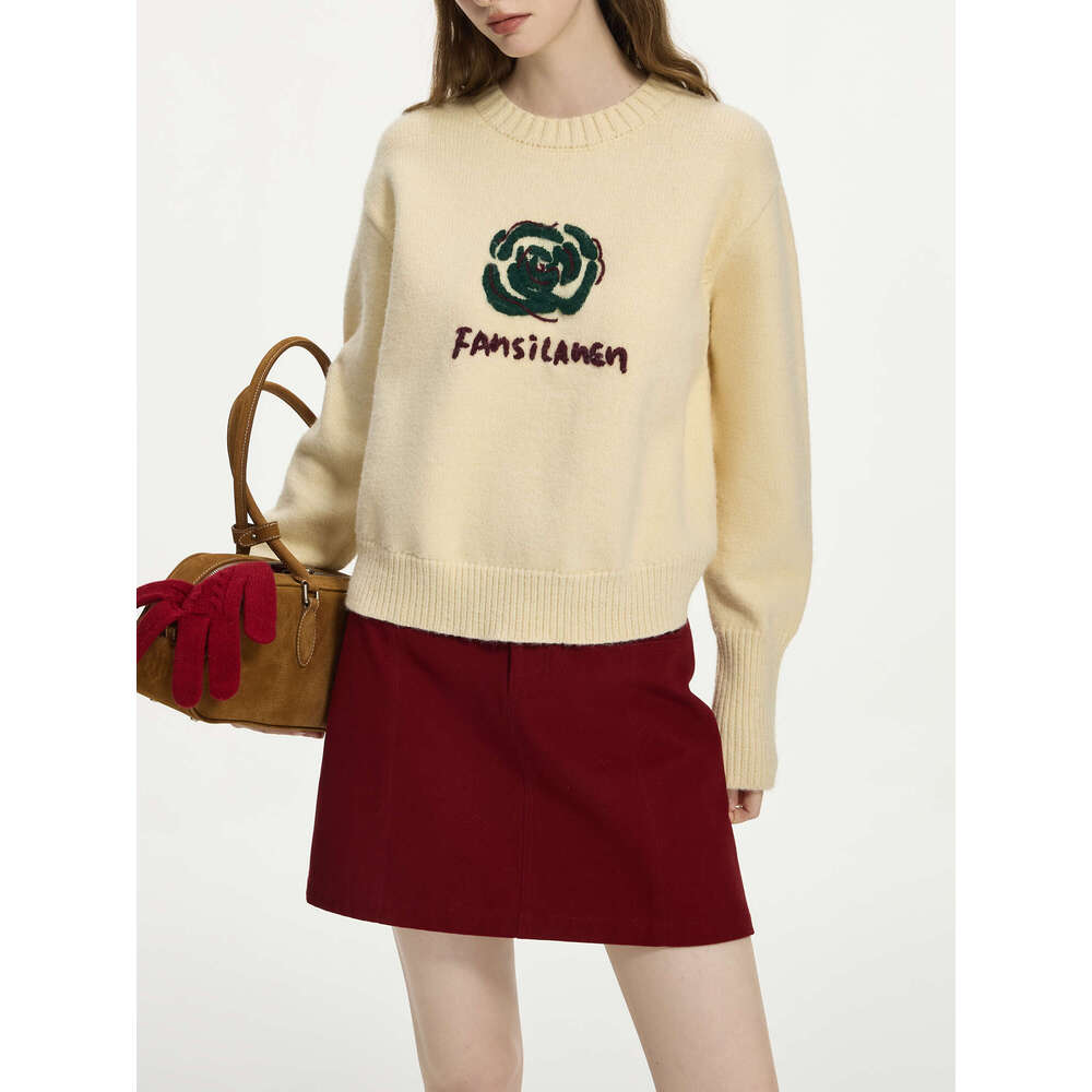 FSLE Two Colors Wer Embroidery Round Neck Women Sweater Fall Winter 2024 New Loose Versatile Warm Wool Knit Pullover24fs14165 250527