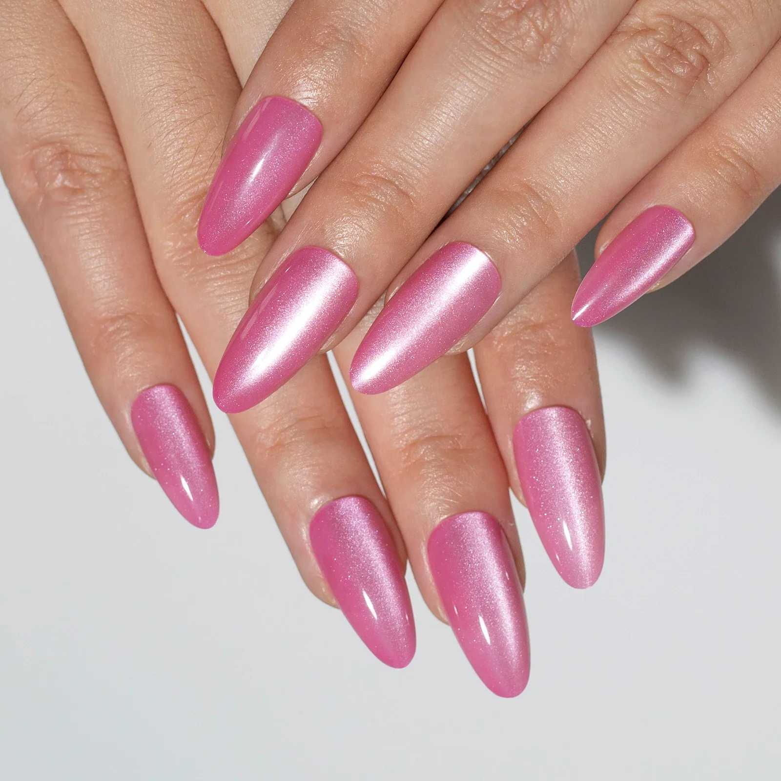 24Pcs Pink Cat Eye Fake Nails Short Almond False Nails with Design Wearable Oval Press on Nails Finished Full Cover Nail TipsXJ241025