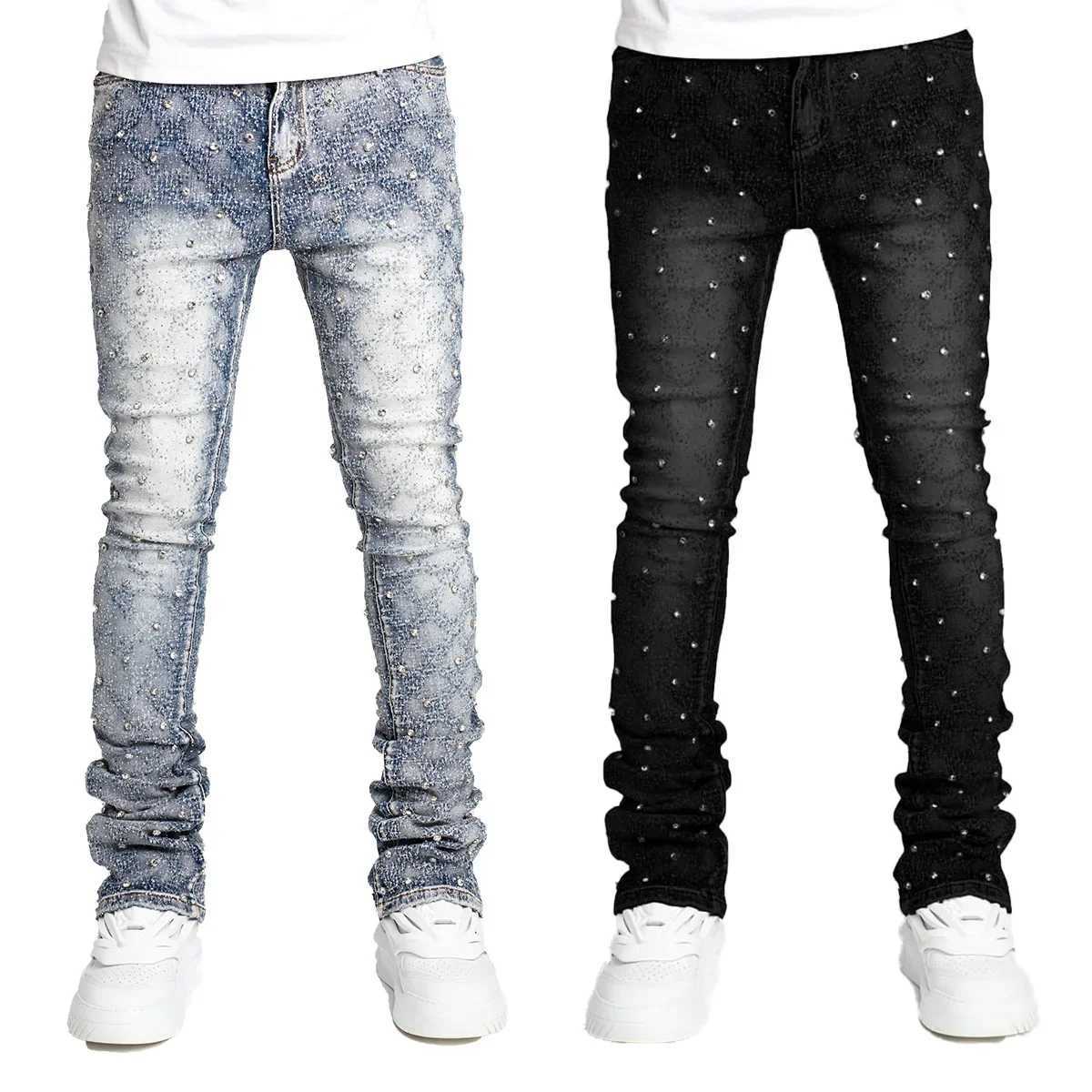 Men's Jeans Mens jeans fashion straight stretch pearl denim mens laminated pants Q241024