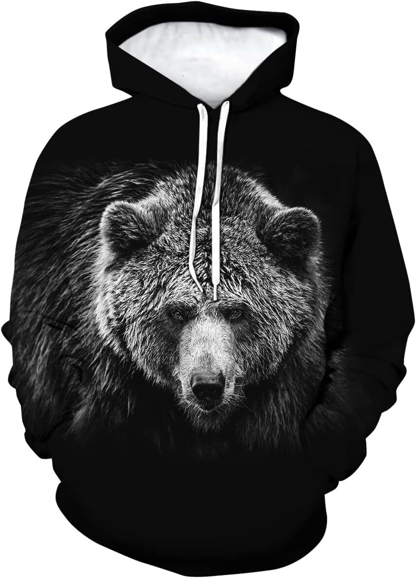 Hoodie for Mens Womens Novelty Bear Graphic Hoodie Cool Animal Print Hoodies Sweatshirt Pullover for Men Women Graphic Hoodies sweatshirt Warm