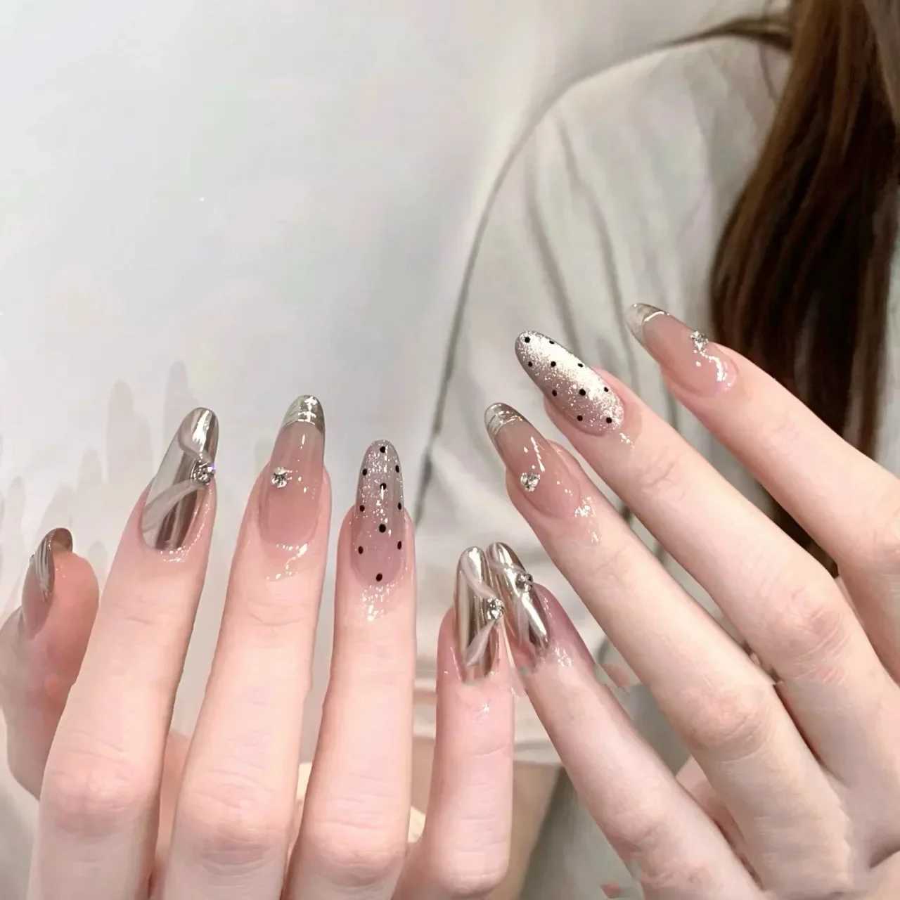 10Pcs Almond Handmade Press on Nails Pink Fake Nails with Butterfly Decoration Blue Wearable Stick-on Nails False Nail Uas XJ241025