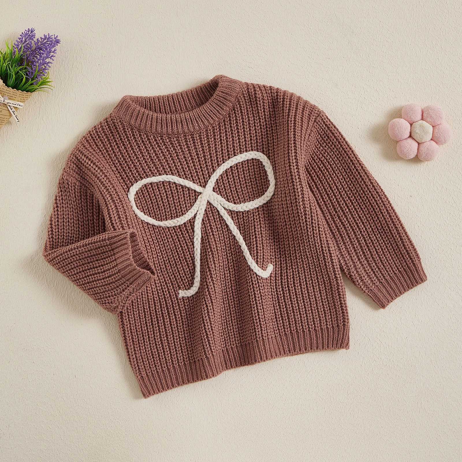 FOCUSNORM 6-Color 0-5Y Autumn Winter Cute Sweater for Children and Girls Butterfly Knot Embroidered Long Sleeve Round Neck Loose Knitted Pulling Flowe