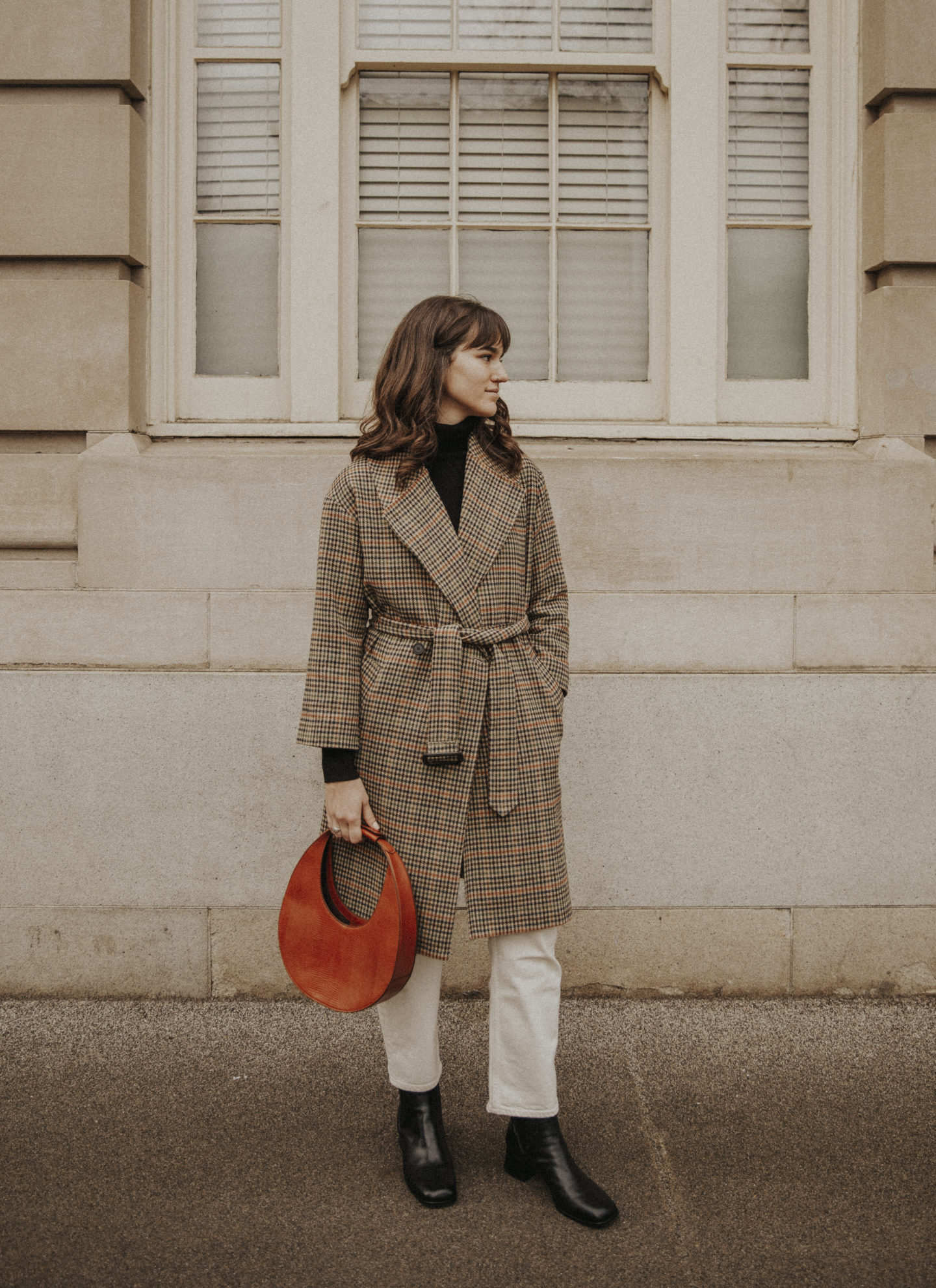 Woolen Coat For Women V Neck Loose Plaid Medium Long Coat Autumn Winter Sashes Women Business Party Dress Simple Formal Work Wear