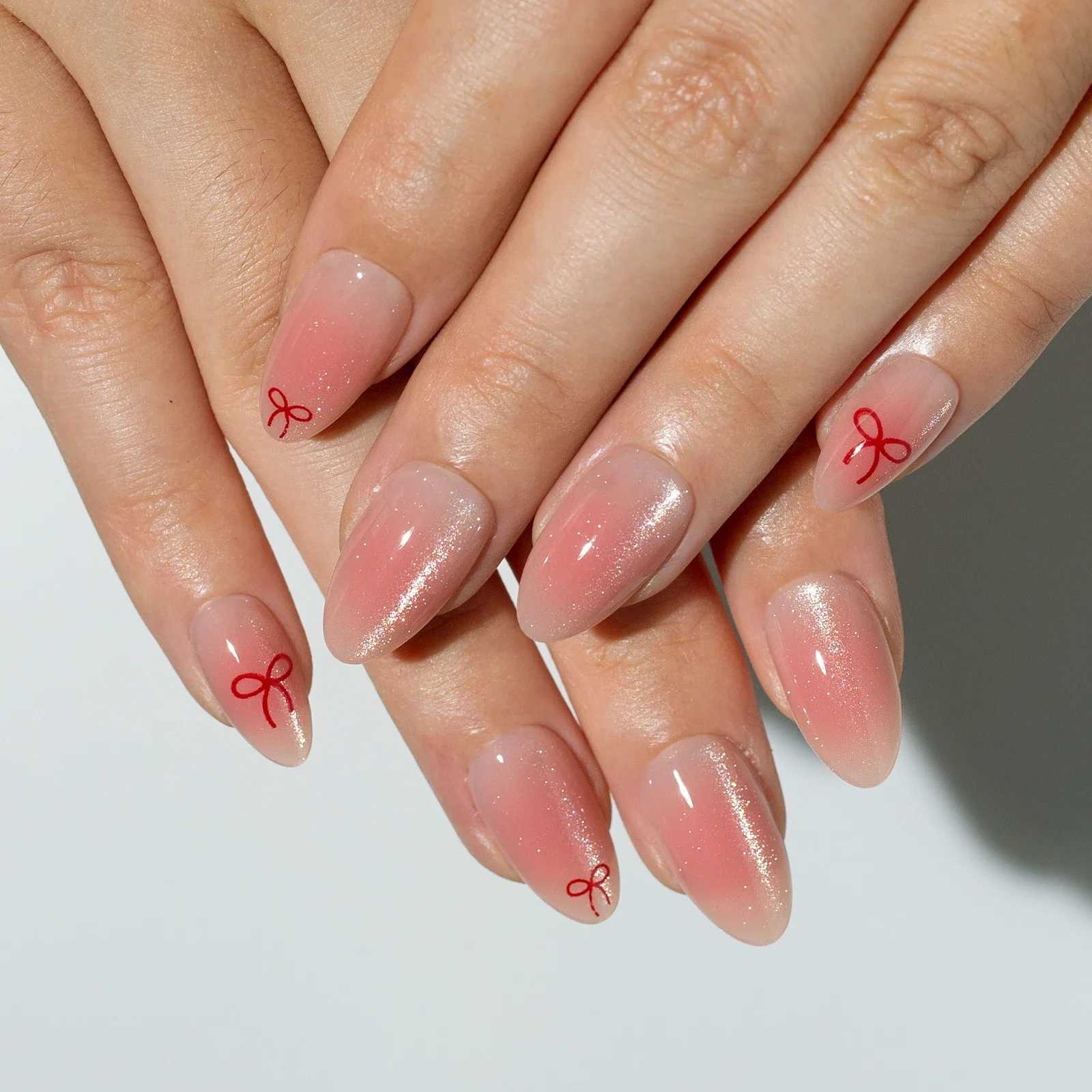 24Pcs Pink Cat Eye Fake Nails Short Almond False Nails with Design Wearable Oval Press on Nails Finished Full Cover Nail TipsXJ241025