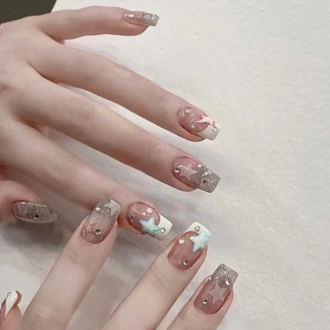 24Pcs Y2K Fake Nails Sets Medium Length Square Pink Star Designs French False Nails Glitter Sequins Press on Nails DIY ManicureXJ241025