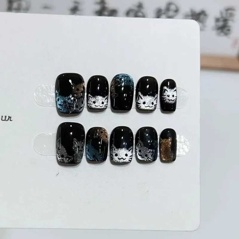 10pcs Handmade Black Cat Eye Cute Cat False Nails with Glue Fake Nails Artificial Charms Press on Nails with Full Set ToolsXJ241025