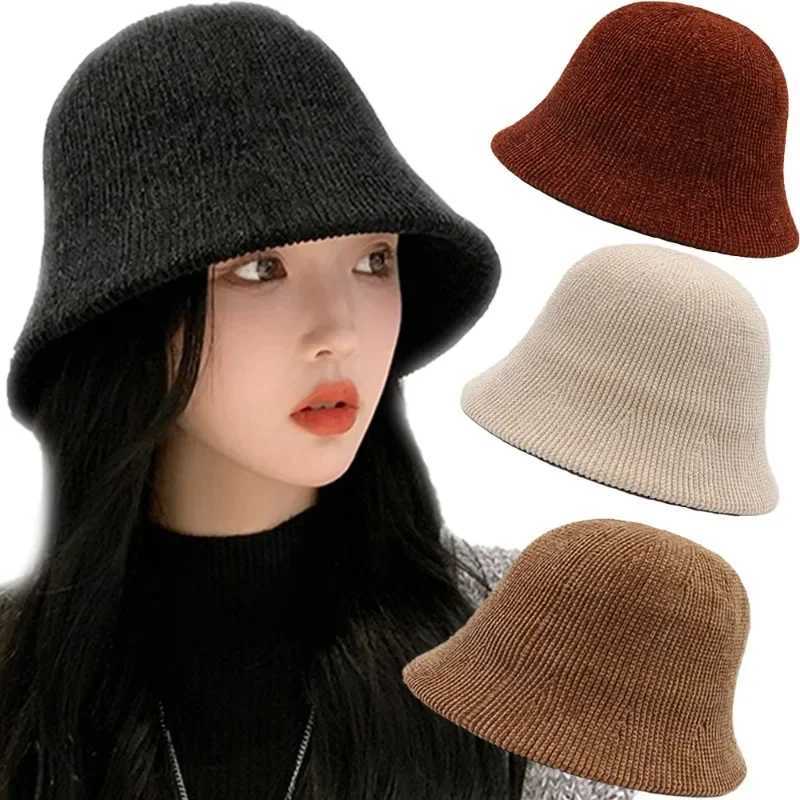 Knitted Fisherman Cap Autumn Winter Women Thicken Warm Cotton Panama Caps Casual Solid Color Foldable Bucket Hats Fashion GiftsX241025