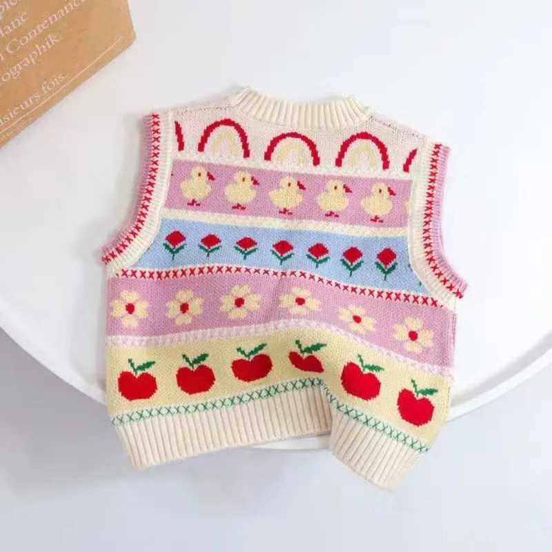 Cute baby girl knitted vest with spring and autumn cartoon stripes sleeveless pullover sweater childrens girl vest childrens clothing 1-6Y W241025