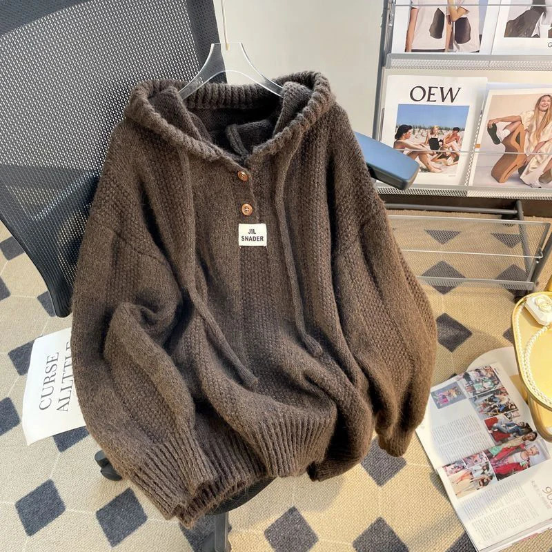 Korean Knitted Hooded Sweater Women Fall Winter Long Sleeved Warm Buttons Loose Pullover Solid Harajuku Lazy Sprots Sweatshirt 241021