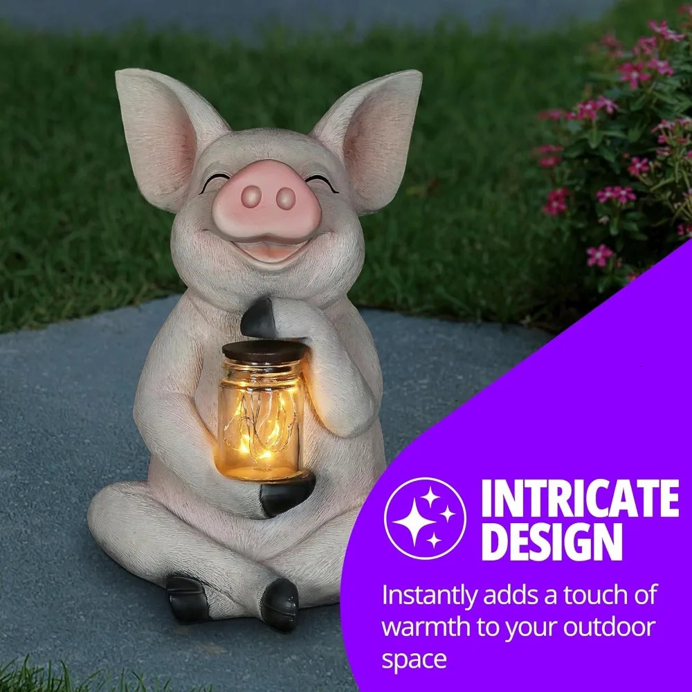 Garden Sculpture Pig Solar Statue with Glass Jar 8 LED Firefly Lights Outdoor Decoration 241024