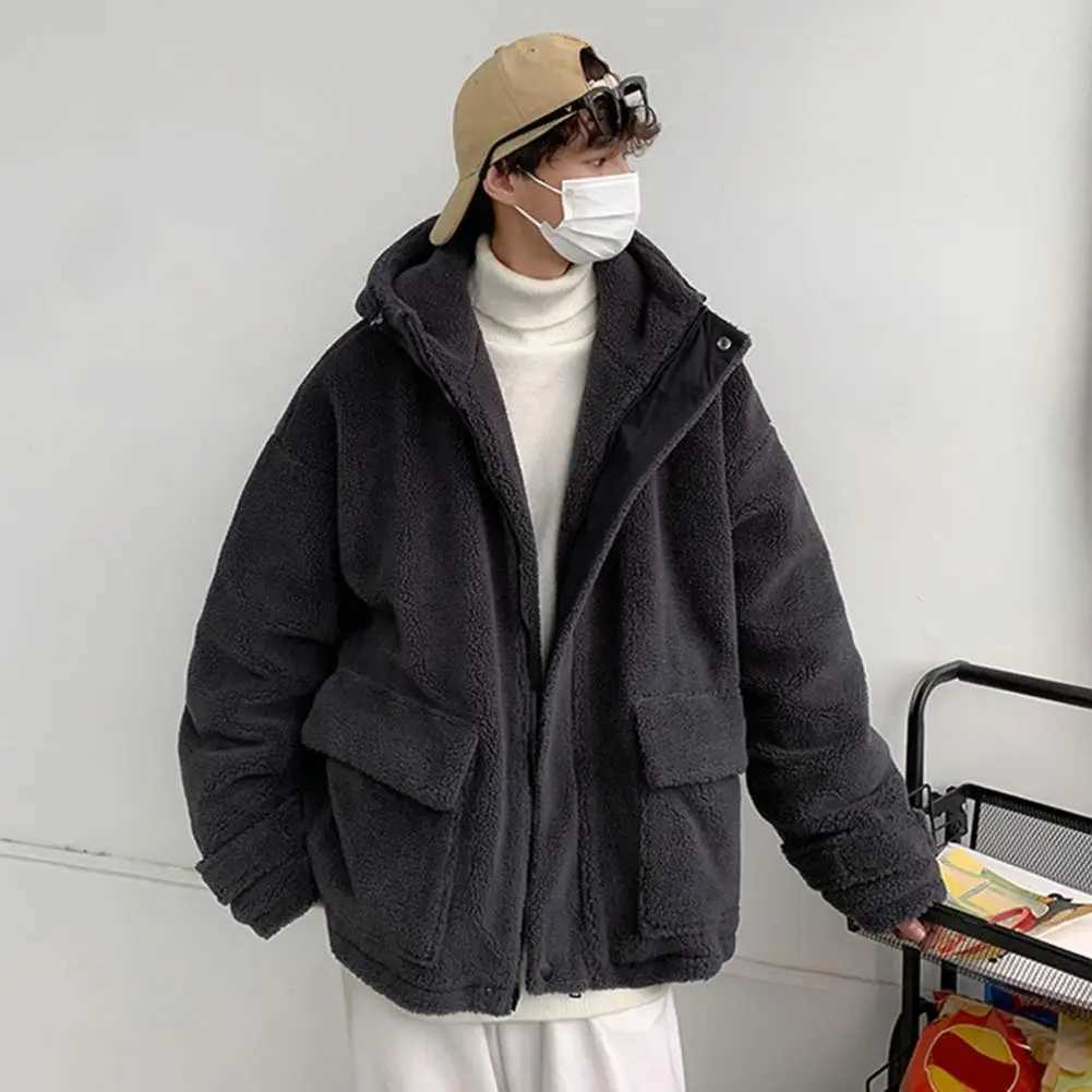 Versatile mens jacket mens hooded cotton jacket mens hooded imitation cashmere coat with pocket autumn and winter weather W241024