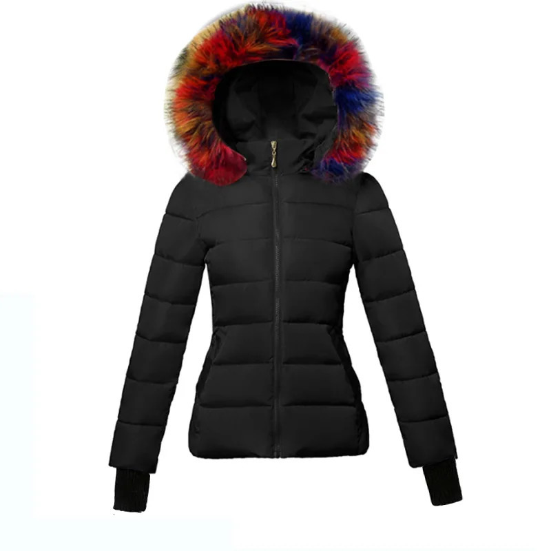 Fashion Black Jacket Cotton Padded Fur Parka Big Collar Down Winter Women Thick Warm Parkas Female Outerwear 241021