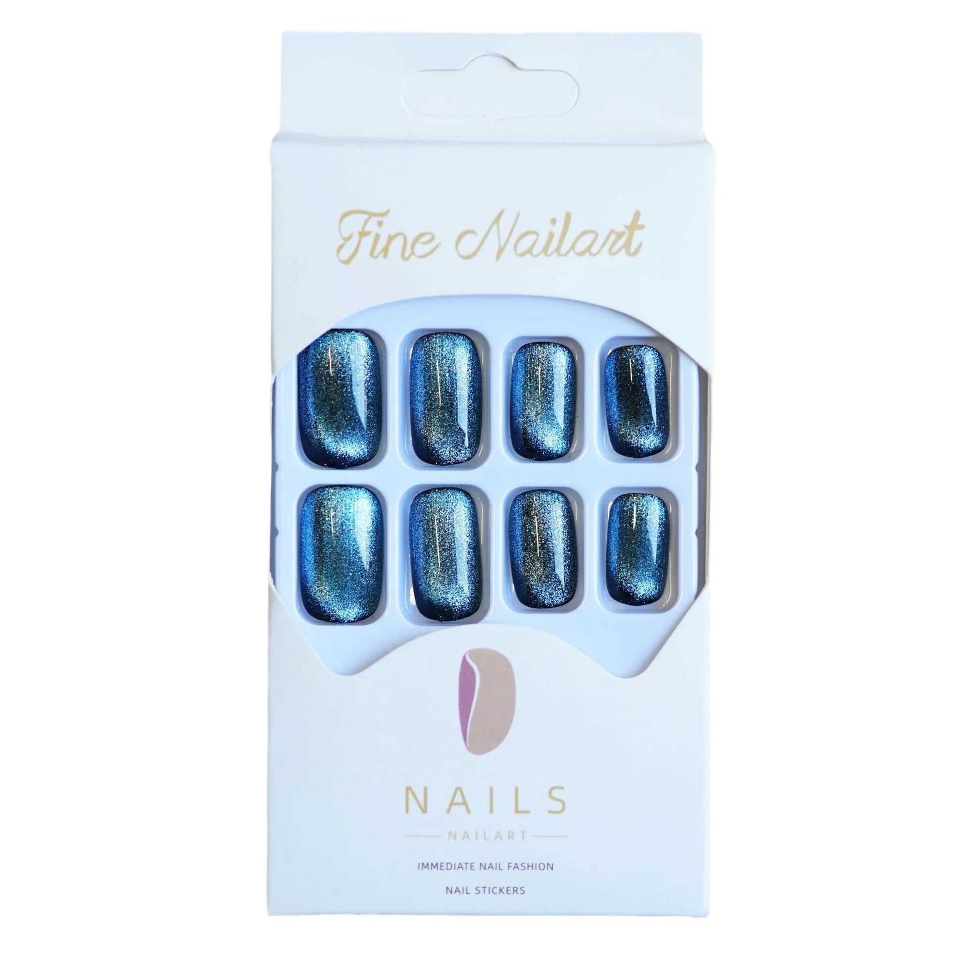 24pcs/box Blue Black Cats Eye Fake Nails Set Press On Aurora French False Glitter Nails Mid-length Square Artificial Nail TipsXJ241025