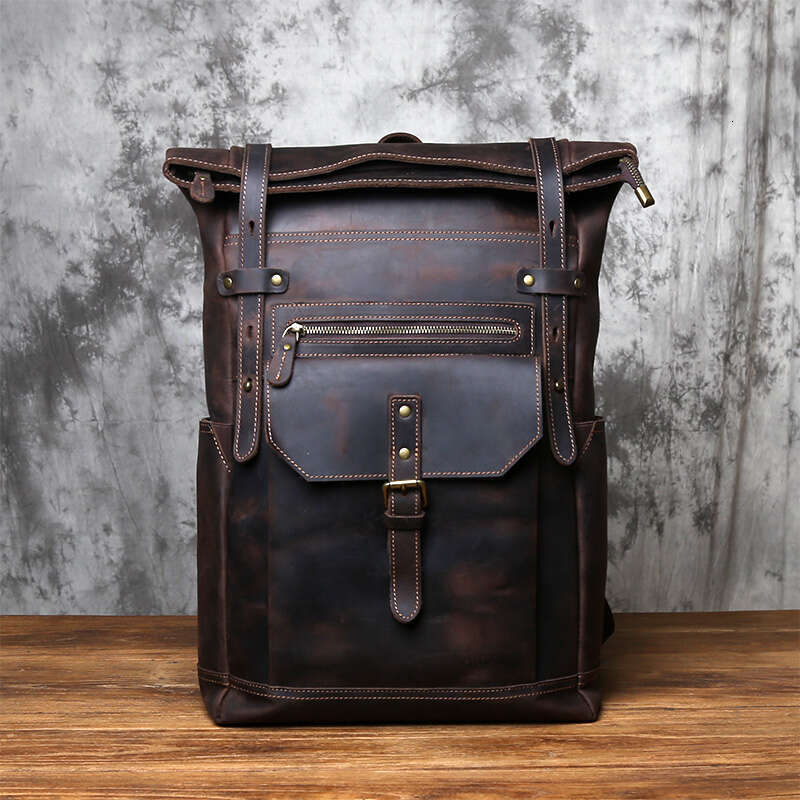Vintage Genuine Men's Crazy Horse Leather Computer Natural Top Layer Cowhide Backpack Travel Bag