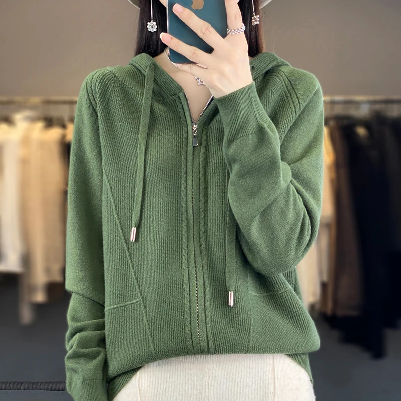 Autumn And Winter Womens Cashmere Sweater Solid Hooded Cardigan Fashion Women Thickening Knitted 241021