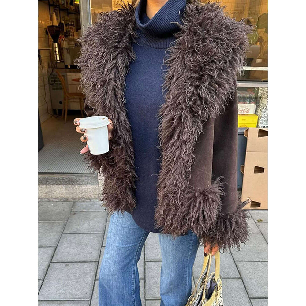Fashion Brown Long Wool Full Sleeve Coats Warm Thickened Large Lapel Patchwork Short Jacket 2024 New Lady Winter Outwear